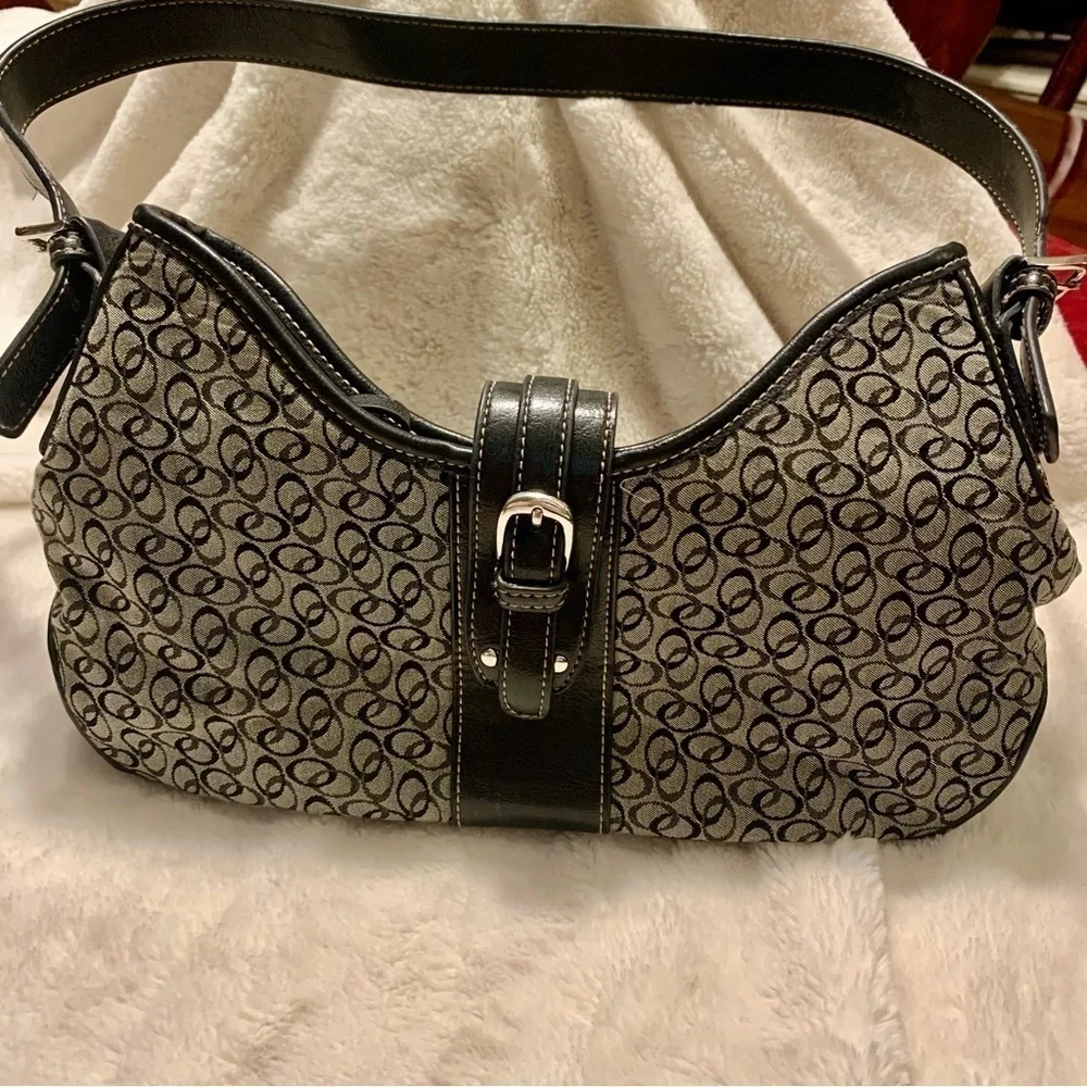 Shoulder Bag Like New Grey Canvas Black Vegan Leather Trim Circular Silver - Picture 11 of 16